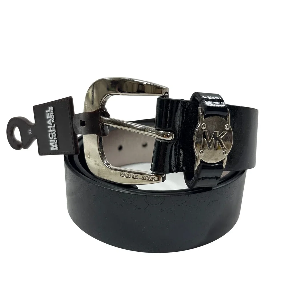 Michael Kors Reversible Belt Black Monogram Patent Silver Buckle XL 553264